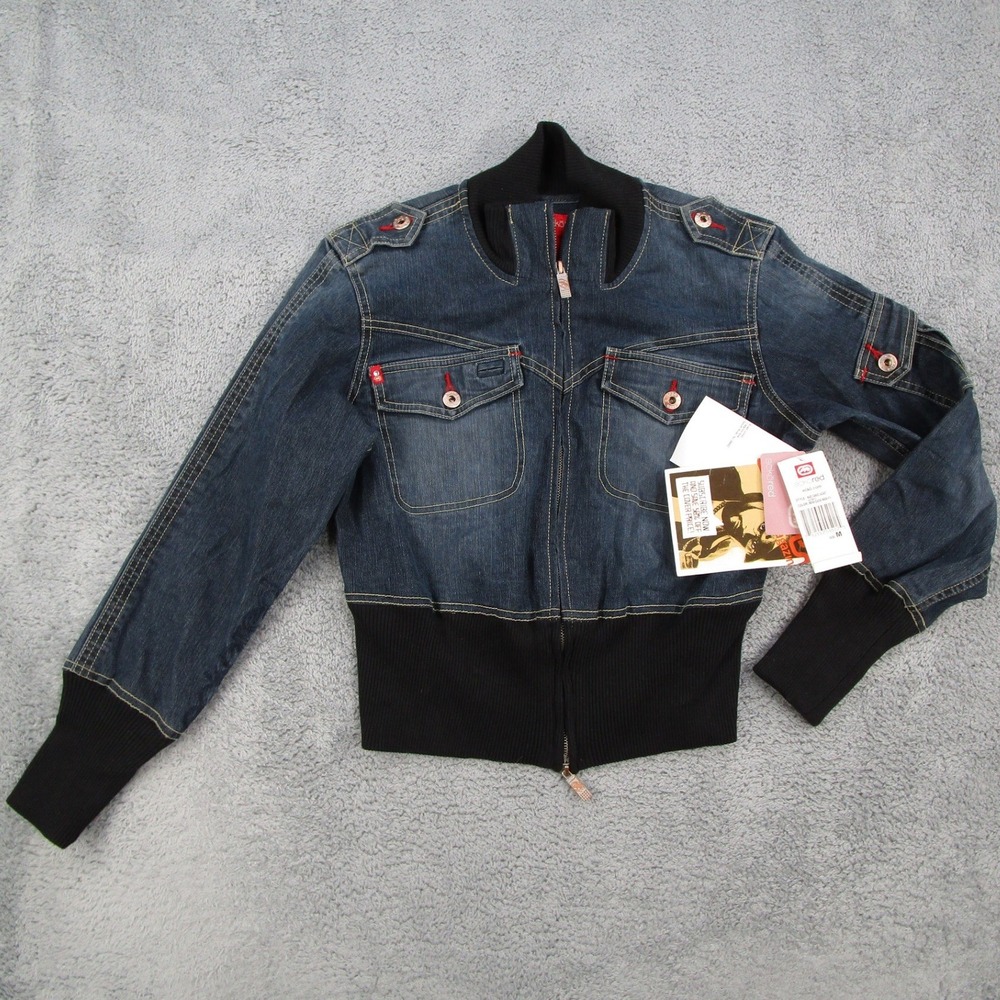 Ecko Red Haze Cargo Jacket Womens Medium Indigo Denim Bomber Zip Up 6378015 Y2K